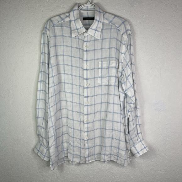 Ermenegildo Zegna White Blue Check Linen Shirt Size XL Made Italy classic summer